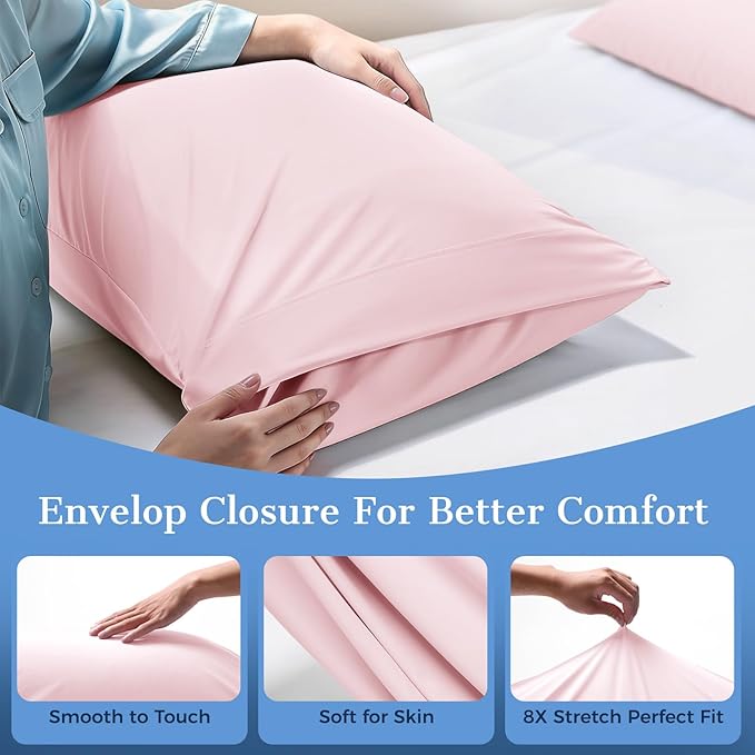 Cooling Pillow Cases 2 Pack Standard Size Cooling Pillowcases for Hot Sleeper Q-Max>0.5, Hydrates Skin & Hair, Reduces Wrinkles & Frizz, Soft Smooth Silky Pillowcases Envelope Set of 2, Pink