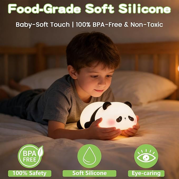FAMIDUO Panda Night Light for Kids, Silicone Squishy LED Lamp, Food Grade BPA-Free Nursery Nightlight, 3-Level Dimmable Rechargeable, Portable Bedside Desk Decor for Baby Boys Girls, Funny Panda Gifts