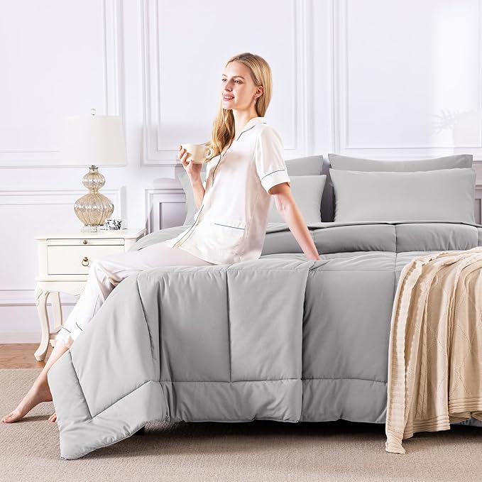 CozyLux California King Comforter Sets French Grey, 7 Pieces Cal King Bed in a Bag, All Season Bedding Sets with Stitch Quilted Comforter, Flat Sheet, Fitted Sheet, Pillowcases