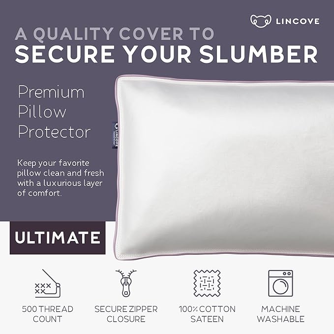 Lincove 100% Cotton Sateen Nap Pillow Protector - Zipper Closure - 500 Thread Count Luxury Cotton - Zippered Dust Pillow Protector Bed Pillow Case, Hypoallergenic, 13”x18” – 2 Pack
