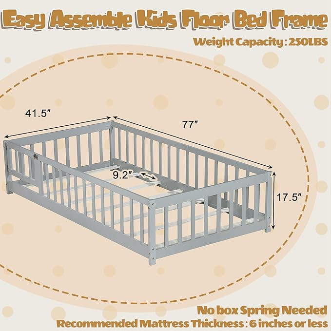 Bellemave Montessori Twin Floor Bed Frame with Fence and Removable Door, Low Profile Twin Size Montessori Bed Frame for Kids, Solid Wooden Floor Beds for Bedroom,Nursery, Grey