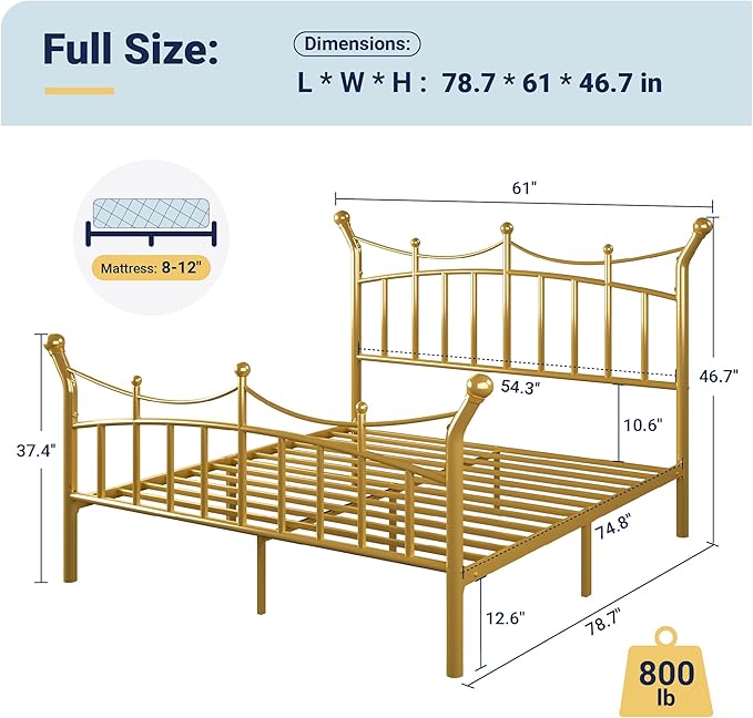 Allewie 14 Inches Full Size Metal Platform Bed Frame with Elegant Crown Iron-Art Headboard & Footboard, Sturdy Mattress Foundation with Under-Bed Storage, Easy Assembly, No Box Spring Needed, Gold