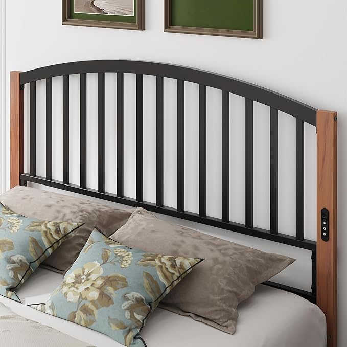 Weehom Headboard Queen Size with LED Light, USB & Type C Port and Touch & Remote Control, Adjustable Height Queen headboard only, Metal Bed Headboard with Vintage Cherry Wood Grain Legs