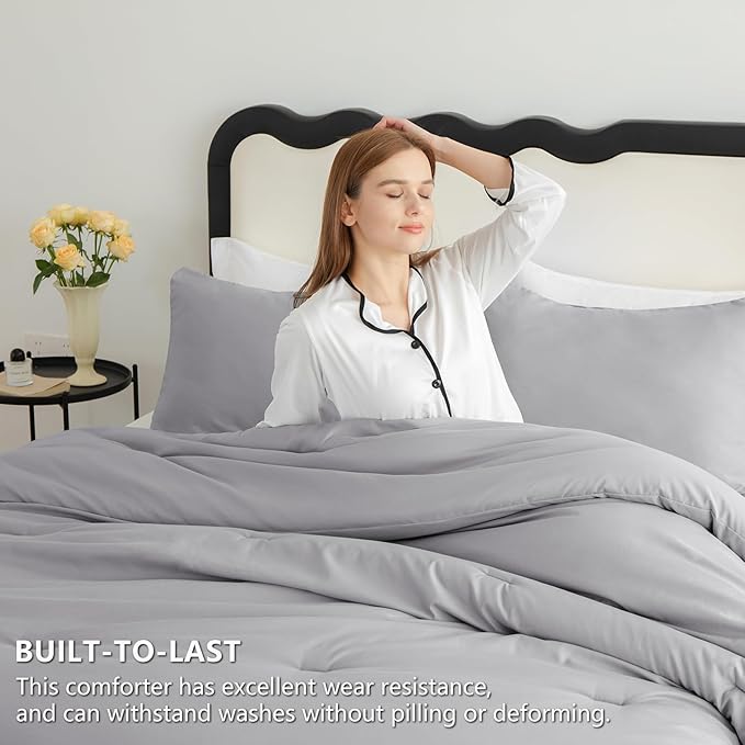 CozyLux King Size Comforter Set Grey, 3 Pieces Solid Comforters King Size Breathable Quilted Bedding Sets, Gray Luxury Soft Lightweight Bed Set with Down Alternative Comforter and 2 Pillowcases