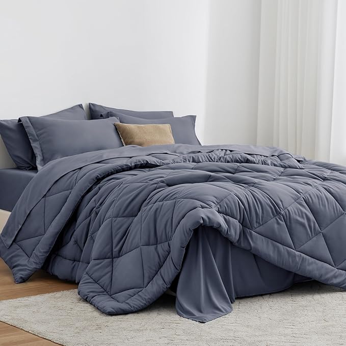 Love's cabin California King Comforter Set Navy Blue, 7 Pieces California King Bed in a Bag, All Season Bedding Sets with 1 Comforter, 1 Flat Sheet, 1 Fitted Sheet, 2 Pillowcase and 2 Pillow Sham | Soft, Breathable, Lightweight, Comfortable
