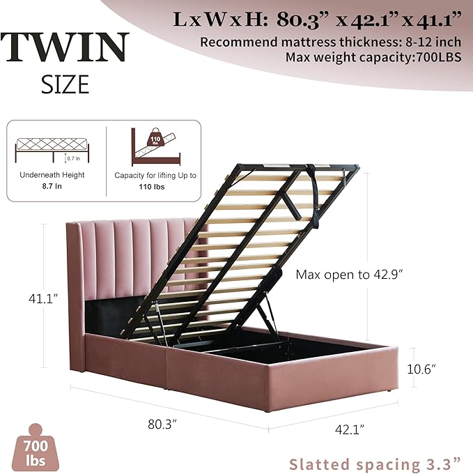 YUHUASHI Queen Size Hydraulic Storage Bed, Upholstered Platform Bed Frame, Modern Wingback Design Headboard, Velvet Fabric with Hydraulic Support Bars, No Box Spring Required (Pink, Twin)