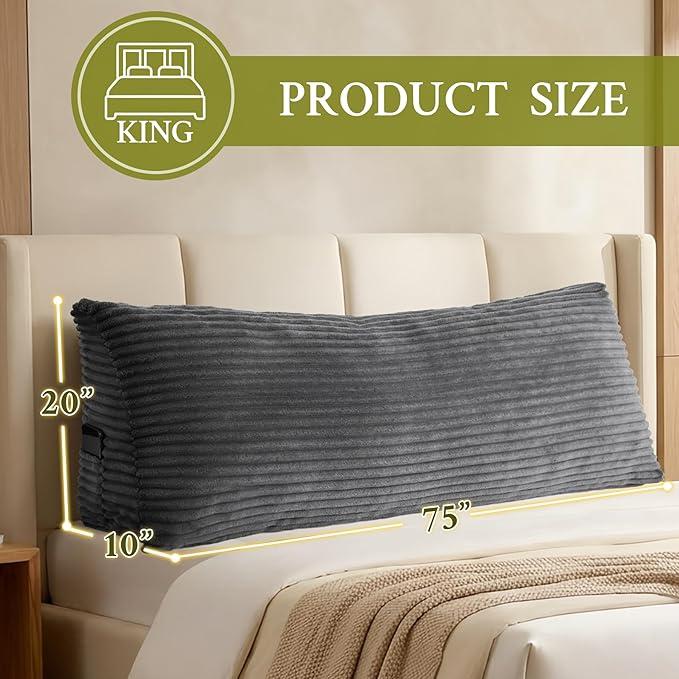 Headboard Pillow King, Headboard Wedge Pillow, Back Rest Pillows for Sitting, Reading, Working, Triangle Pillow with Removable Cover, Daybed Pillows for Bed Dorm Sofa, Dark Grey