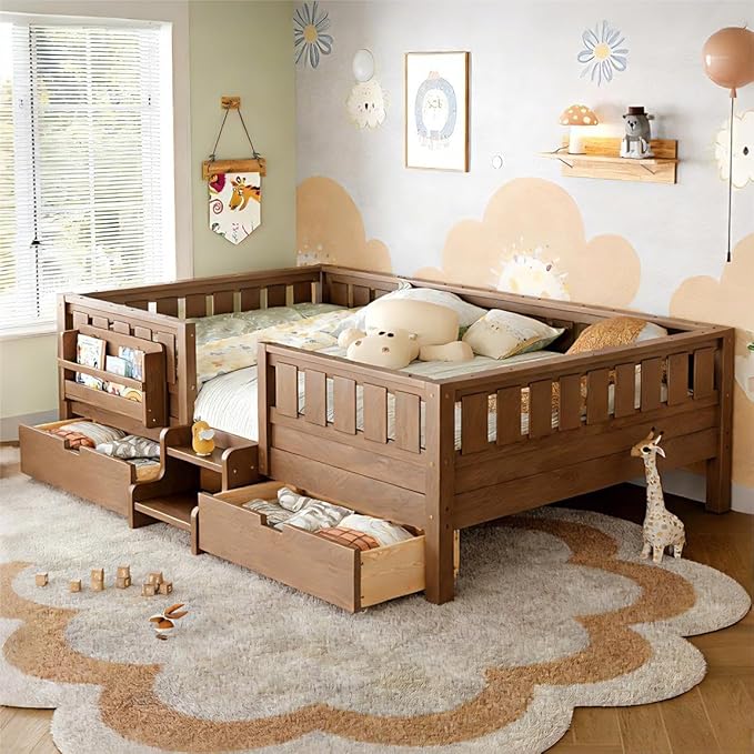 Bellemave Queen Bed with Storage Drawers & Bookshelf, Low Profile Kids Bed Frame with Staircase & Full Length Guardrails, Solid Wood Queen Bed for Kids with Slats Load 550LBS, Easy Assembly, Oak Brown