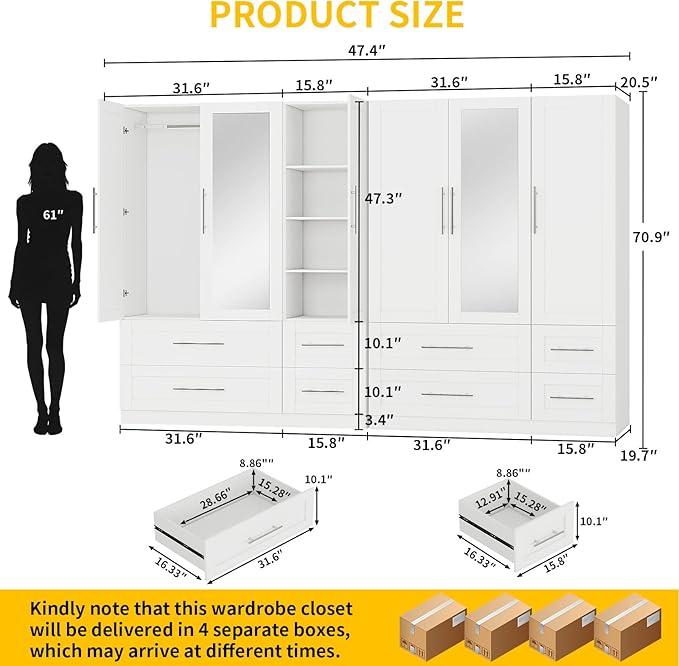 Armoire Wardrobe Closet with 8 Deep Drawers, Wooden Wardrobe Closet with Doors and Shelves, 71" Tall Large Wardrobe Bedroom Armoires with Center Mirror & Hanging Rod, Set of 2, White
