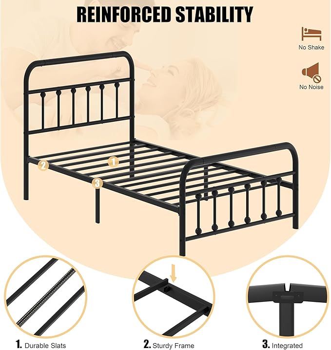 Shintenchi Twin Size Metal Platform Bed Frame with Headboard & Footboard, Steel Slat Mattress Foundation, Under Bed Storage, Noise-Free, No Box Spring Needed, Black Round