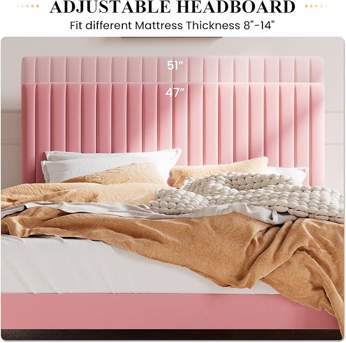 SHA CERLIN Queen Upholstered Platform Bed Frame with Adjustable Headboard/Vertical Channel Tufted Velvet Fabric/Wooden Slats Support/Mattress Foundation/Box Spring Optional/Pink