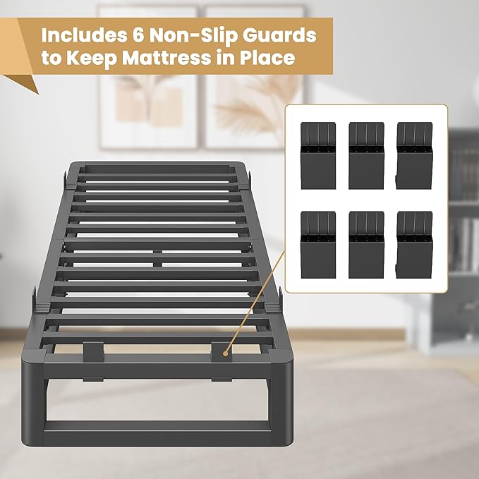10 Inch Twin XL Bed Frame with Rounded Corner and Squeak Free U-Slot Design, Metal Platform Bed Frames 6 Non-Slip Guards, 3500lbs Heavy Duty Steel Slat Support, No Box Spring Needed, Black