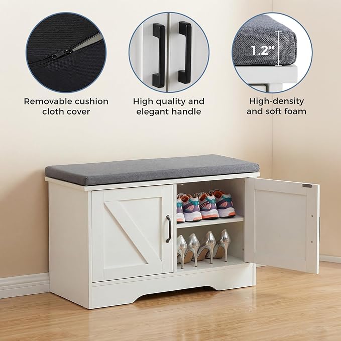DUMOS Storage Bench, Shoe Organizer Cabinet with Thickened Padded Seat Cushion, Entryway Bench with 4 Doors & Adjustable Shelf for Hallway, Bedroom, Living Room, 47 inch, White