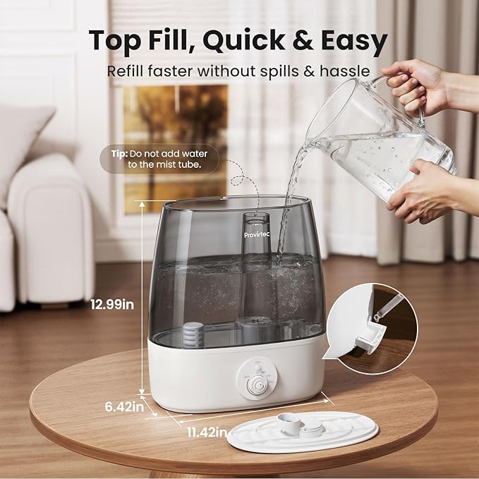 Provirtec 6.5L Stay Clean Tank Humidifier for Large Room, Low Maintenance, Top Fill Design, Ultra Quiet 65H Runtime, Cool Mist Ultrasonic for Bedroom, Home, Plants HC12