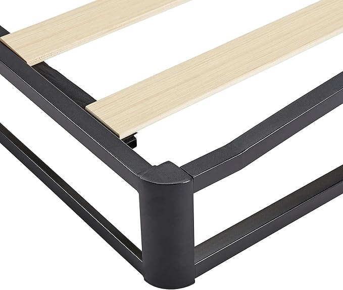 Amazon Basics Metal Platform Bed Frame with Wooden Slats, Steel Support, 6 Inches High, Storage Space, Queen, Black