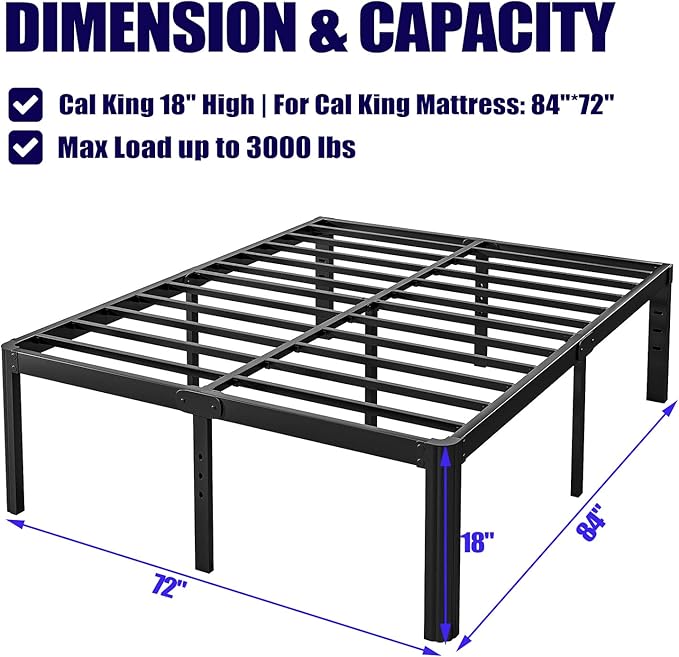 Hunlostten 18in High Heavy Duty California King Bed Frames No Box Spring Needed, Metal Platform Cal King Bed Frame with Round Corners, Easy Assembly, Noise Free, Black