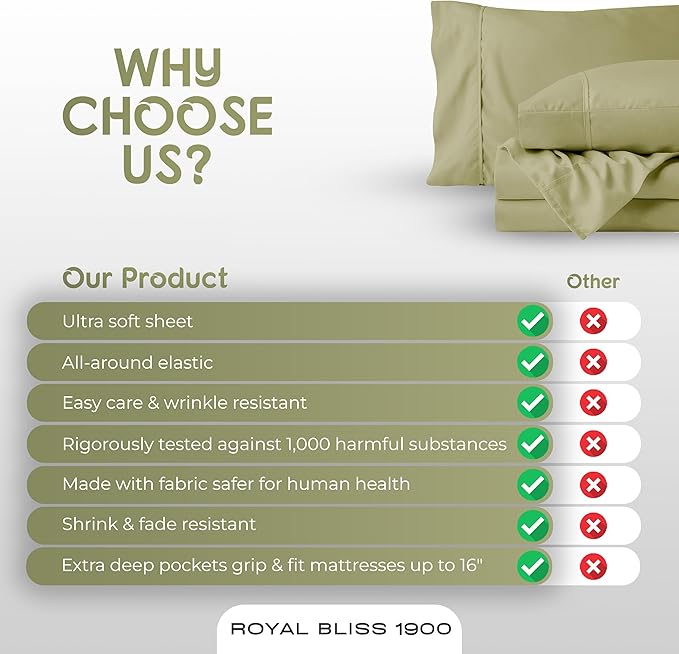 Split Queen Sheets - 5 Pcs Set for Adjustable Bed - Soft, Wrinkle-Resistant (Sage)