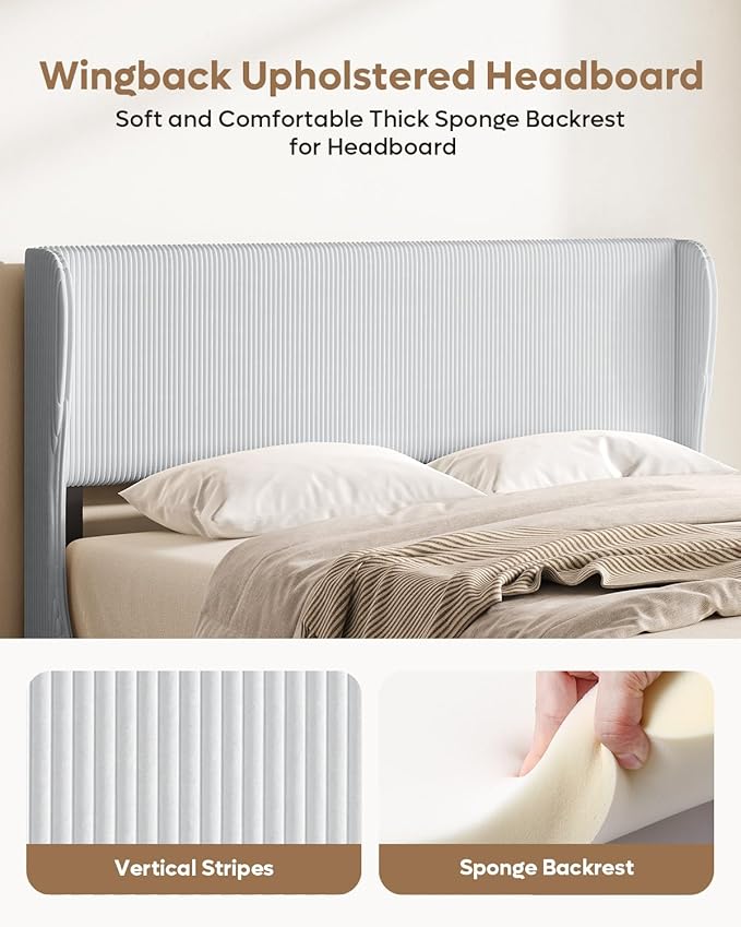 Bestier Queen Bed Frame with Wingback Headboard,Upholstered Platform Queen Size Bed with Strong Wooden Slats,No Box Spring Needed,Never Squeaks,Easy Assembly,Light Grey