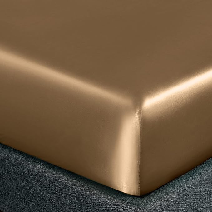 Homiest 4pcs Satin Sheets Set Luxury Silky Satin Bedding Set with Deep Pocket, 1 Fitted Sheet + 1 Flat Sheet + 2 Pillowcases (Queen Size, Camel Brown)