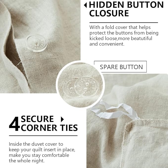 Simple&Opulence 100% Washed Linen Duvet Cover Set 5pcs(1 Duvet Cover& 2 Shams& 2 Pillowcases) Basic Style Natural French Flax Soft Breathable Farmhouse Bedding (Queen, Linen)