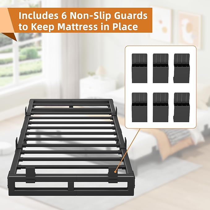 Twin Bed Frames, 6 Inch Metal Platform Bed Frame with Squeak Free U-Slot Design, 6 Non-Slip Guards, 3500lbs Heavy Duty Steel Slat Support, No Box Spring Needed, Under Bed Storage, Black