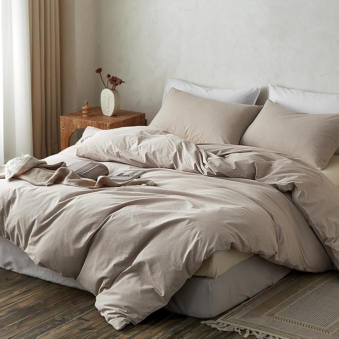 TOCOMOA Duvet Cover Set 100% Washed Cotton Linen Feel Soft Comfy Breathable 3 Piece Comforter Covers Bedding Set (Queen, Heathered Linen Grey)