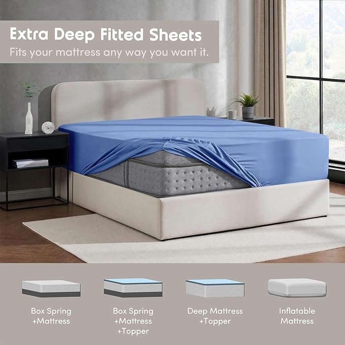 Nestl 4 Pack Calm Blue Fitted Sheet Extra Deep Pocket, Hotel Luxury QueenFitted Sheet Only Easily Fits 18 to 24 Inch Mattress, Super Soft, Wrinkle-Free and Breathable with Corner Straps