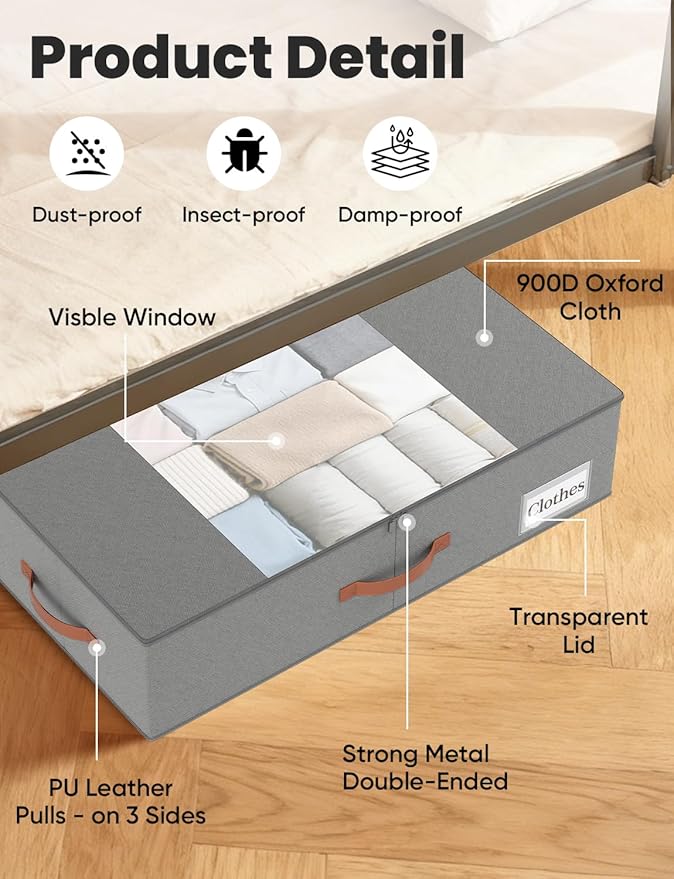 TOSKING 2-Pack Under Bed Storage Drawers with Wheels, 6 Vacuum Bags, 7.9" Height, Large 65L/80 lbs Clear Lid Rolling Bin, 900D Oxford, Space Saver for Dorm Bedroom, Blankets, Clothes, Shoes, Gray