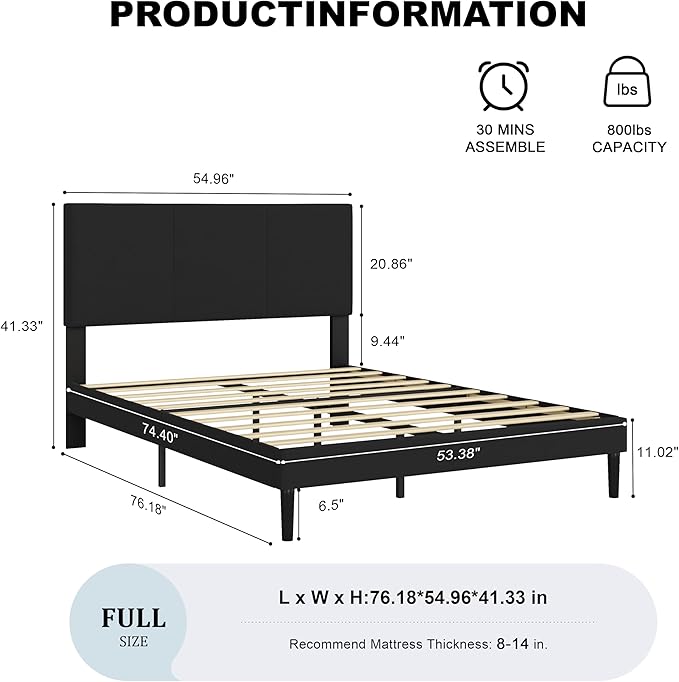 Full Size Bed Frame with Headboard, Velvet Upholstered Platform Bed Frame, Sturdy Slatted Support for Springless Mattresses, Silent Operation, Easy to Assemble, Black