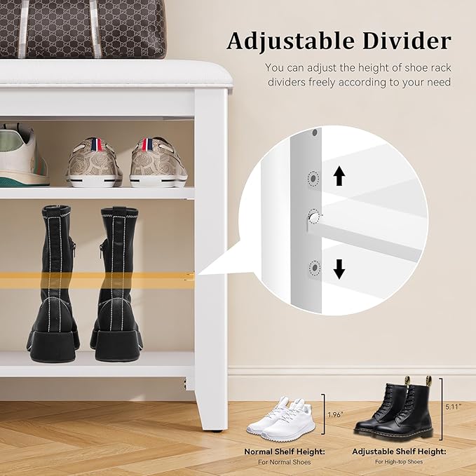 Entryway Shoe Storage Bench with Leather Cushion, Shoe Organizer Bench for Entryway, Ideal for Hallways Front Doors Entrances Mudrooms Featuring Rubberwood And 3 Height-Adjustable & Removable Shelve