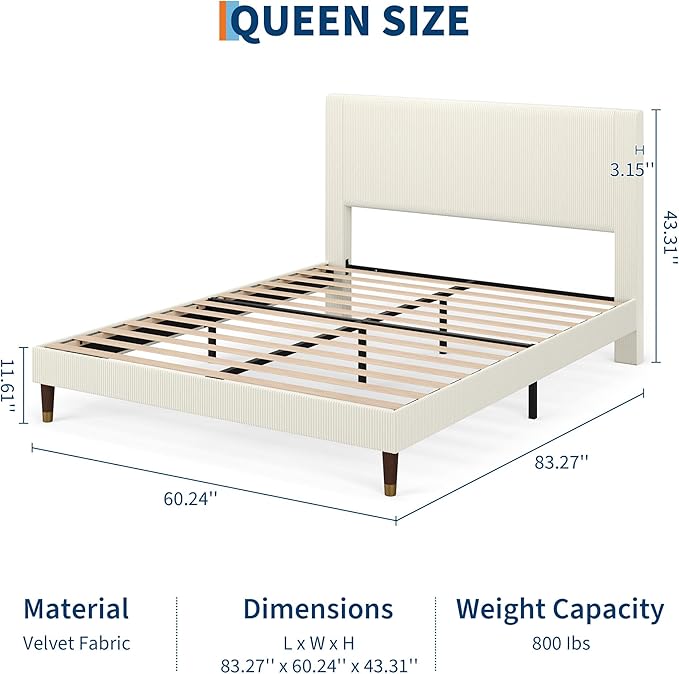 GarveeHome Queen Size Bed Frame with Upholstered Headboard and Strong Wooden Slats Support, Soft Corduroy Fabric Platform Bed, No Boxing Spring Needed, Easy Assembly, Beige