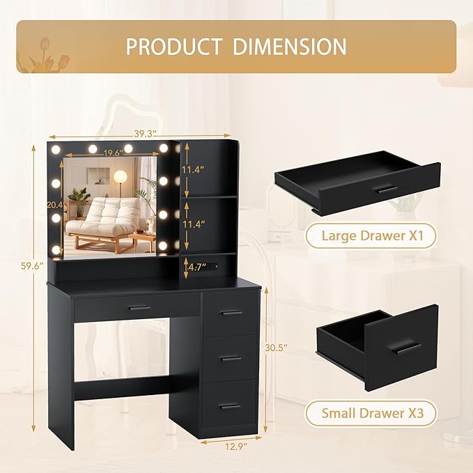 Furmax Vanity Desk with LED Lighted Mirror&Power Outlet, 39.3’’ Makeup Vanity Table with 4 Drawers and 3 Storage Shelves, Adjustable 3 Lighting Colorfor Bedroom&Dressing Room (Black)