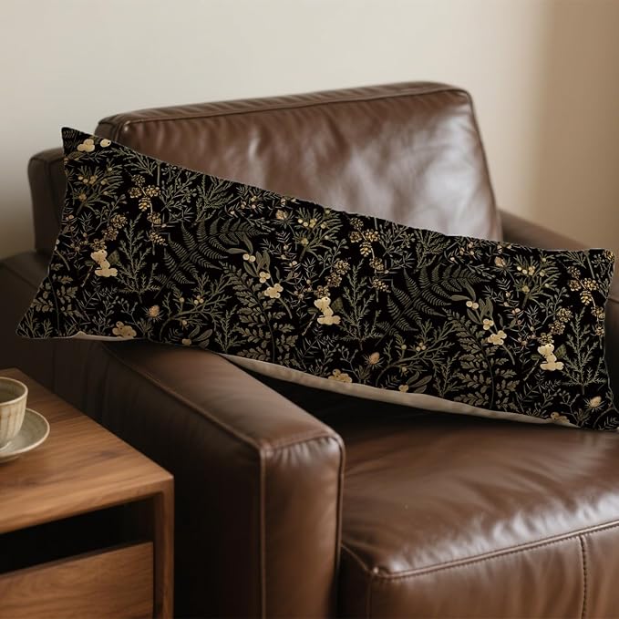 Moody Floral Botanical 20x54 Body Pillow Cover, Dark Aesthetic Room Decor, Rustic Dark Cottagecore Gold Plants Flower Botanical Decorative Long Body Pillow Cases for Bed Couch