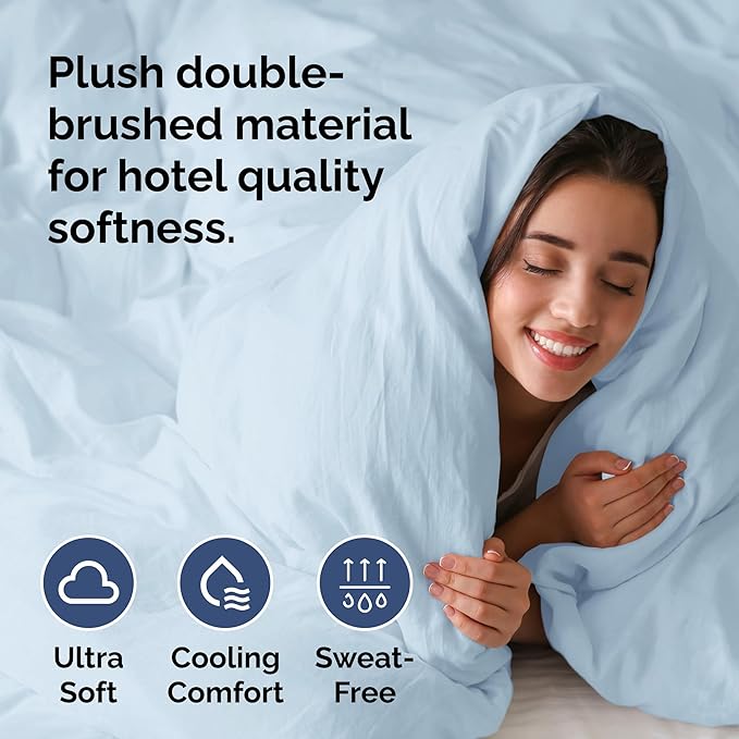 Duvet Cover Queen Size Set - Extra Soft Queen Duvet Cover 90" x 90" with 2 Pillow Shams - Hotel Luxury, Easy Care & Fade Free w/ Zipper Closures & Ties - All Season, Comfy & Breathable (Light Blue)