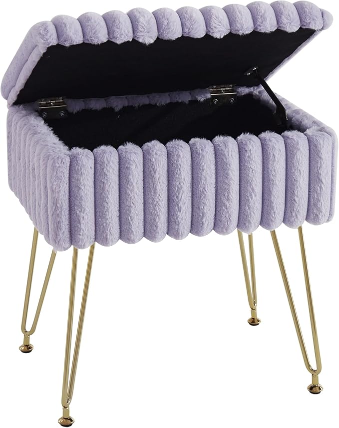 EBENCHICO Vanity Stool Chair with Storage, Faux Fur Stools for Vanity Makeup, Foot Stool Ottoman with 4 Metal Legs, Small Vanity Bench Seat Chairs for Living Room Bedroom