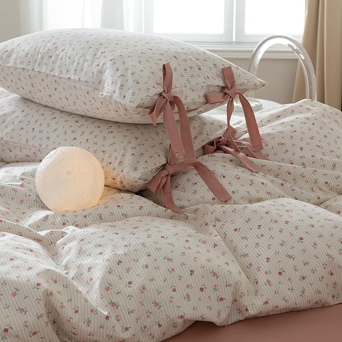 mixinni White Flower Pattern Duvet Cover King Pink Floral Stripes Duvet Cover Set 100% Cotton Bedding Set with Zipper Ties Bow Tie Pillowcases, Easy Care, Ultra Soft and Breathable-King Size