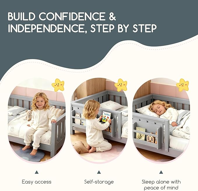 Bellemave Twin Floor Bed Frame with Fence & Bookshelf, Solid Pine Wood Twin Montessori Floor Bed with Slats Load 300LBS, Low Profile Floor Bed for Kids, Bedroom, Nursery, Easy Assembly, Grey