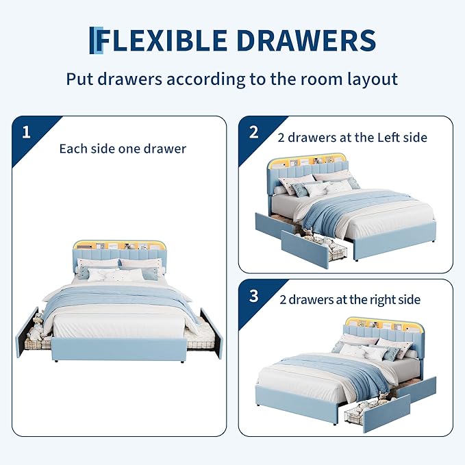 GarveeHome Full Bed Frame with Storage Headboard, Kids Bed Frame with 2 Drawers, Velvet Upholstered Platform Bed Frame with Lights, No Box Spring Needed, Easy Assembly, Velvet Blue