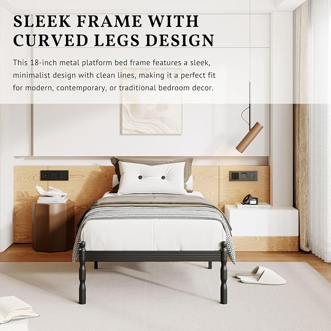 ZIYOO Twin Size Bed Frame with Mattress Slide Stopper, 18 Inches Heavy Duty Sturdy Platform with Vintage Style, Anti-Slip Design, Easy Assembly, No Box Spring Needed