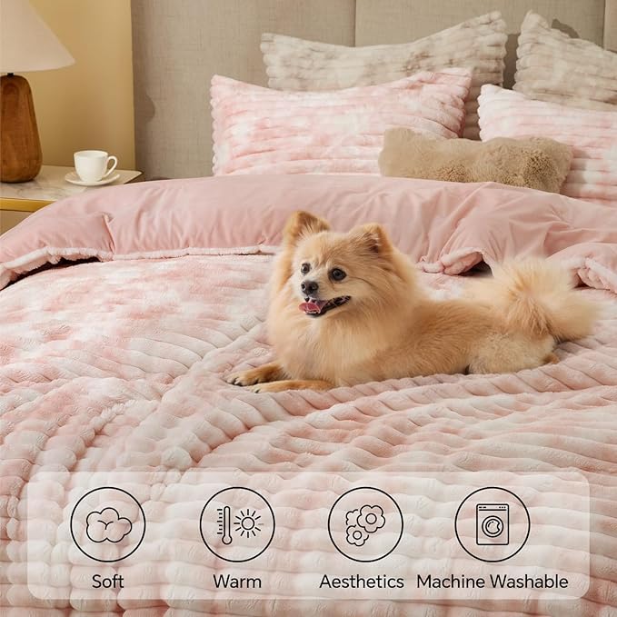 BEDELITE Fleece Queen Comforter Set -Super Soft & Warm Fluffy Pink&White Bedding, Luxury Fuzzy Heavy Bed Set for Winter with 2 Pillow Cases
