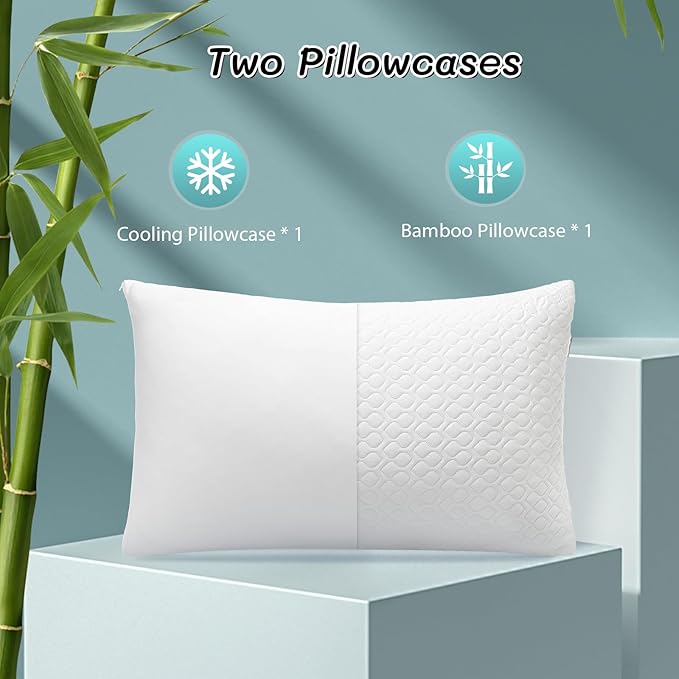 Rainmr Memory Foam Pillows Queen Size Set of 2 - Adjustable Bed Pillows for Side Back Stomach Sleepers - with Washable Cooling Pillowcase (White, Queen 2-Pack)