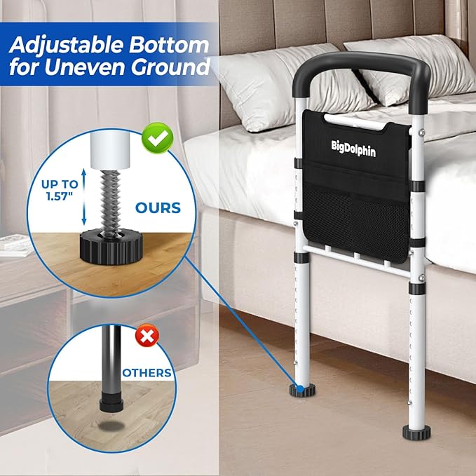 Bed Rails for Elderly Adults Safety - ASTM Approved Adjustable Bed Cane with Non-Slip Ergonomic Handle & Storage Pocket, 400 LBS Stable Bed Assist Rails for Seniors, Tool-Free, Model