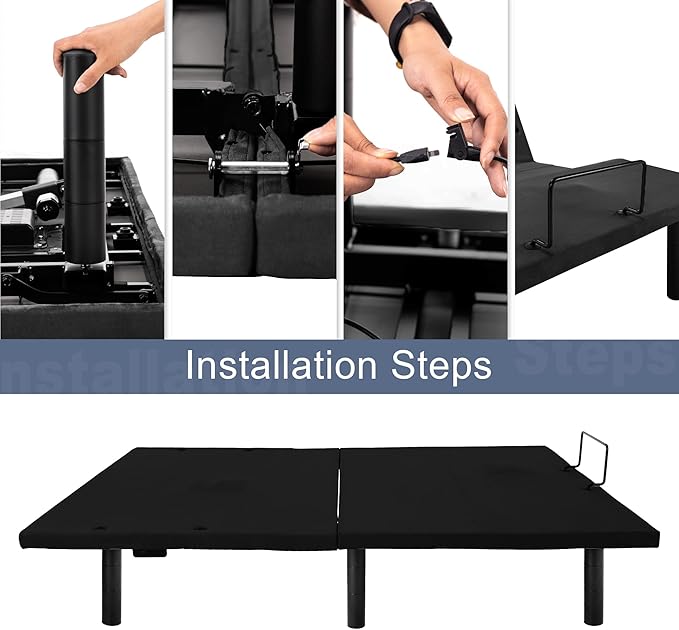 Fromann Adjustable Electric Full Bed Base Frame with Massage,USB Type-C Ports, Zero Gravity, Under Bed Led Lighting and Three Leg Height (Black)