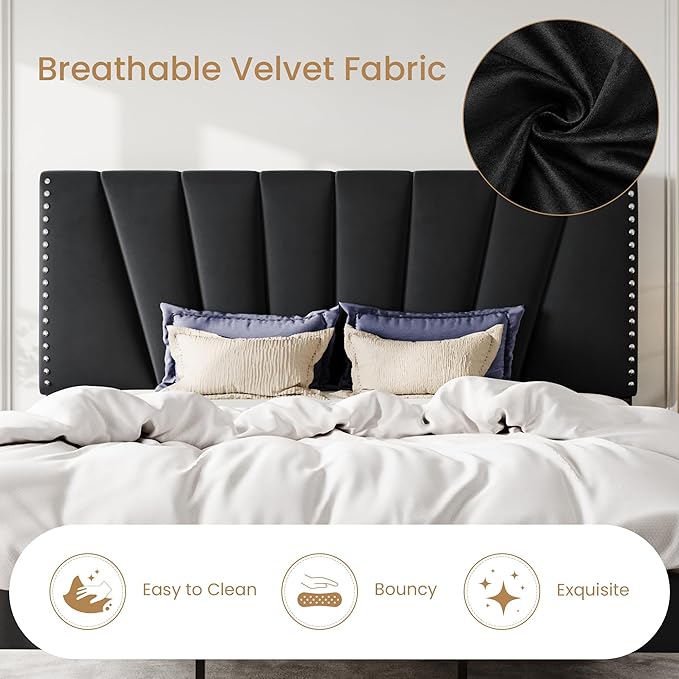 SHA CERLIN King Size Bed Frame with Adjustable Upholstered Velvet Rivets Headboard, Sturdy Wooden Slats, Strong Platform Support for Mattress, No Box Spring Needed, Easy Assembly, Black