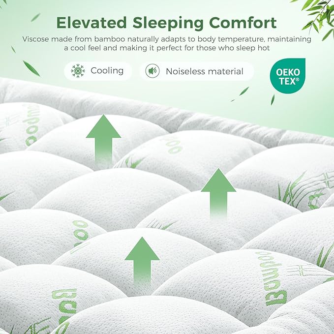HYLEORY Mattress Topper - Thick Bamboo-Viscose Naturally Cooling Pillow Top Mattress Pad Breathable Fluffy Soft Mattress pad for Back Pain Relief, Twin Size, Green