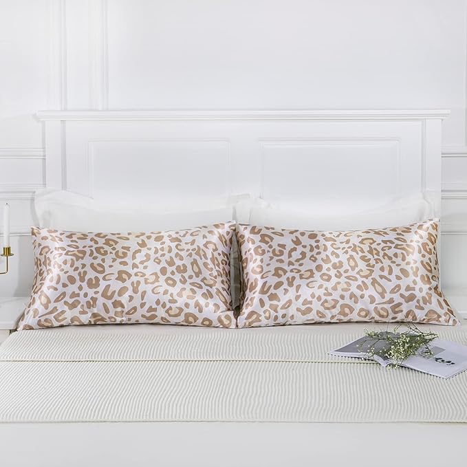 MR&HM Satin Pillowcase for Hair and Skin, Silk Satin Pillowcase 2 Pack, Queen Size Pillow Cases Set of 2, Silky Pillow Cover with Envelope Closure (20x30, Champagne Leopard)