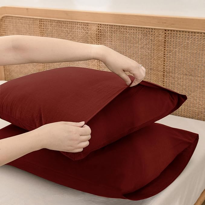 BESTOUCH 100% Washed Cotton Pillowcase for Hair and Skin Linen Feel Soft Comfortable Breathable 2 Set Pillow Case with Envelope Closure Solid Fired Brick Red King 20x36 Inches