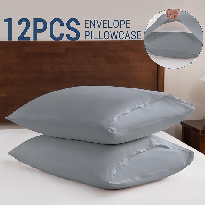Pillowcases King 12 Pack, 20x36 Pillow Cases with Envelope Closure, Soft Plain Brushed Microfiber Covers Breathable Wrinkle-Resistant, Gray