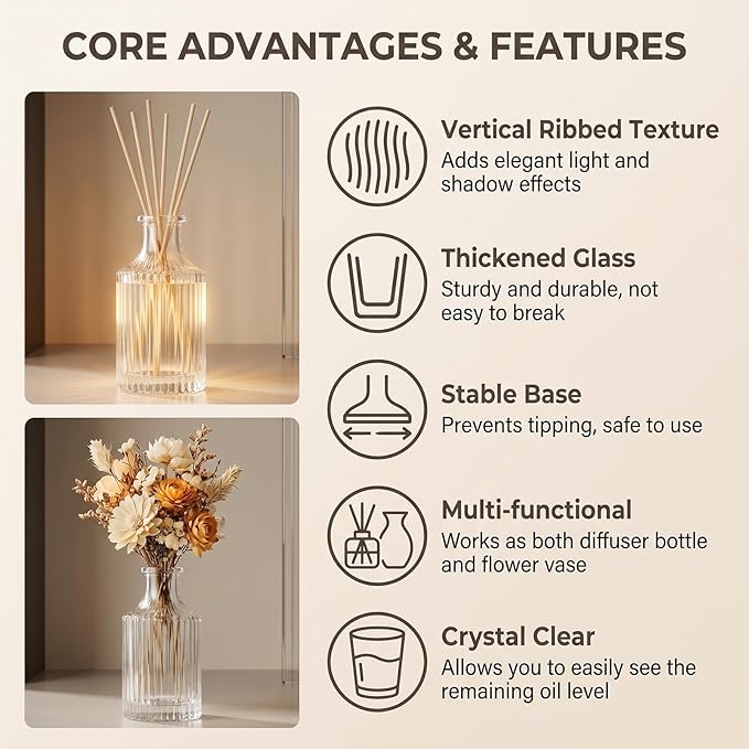 250ml 8.5oz Glass Diffuser Bottle Empty Essential Oil Jar Aromatherapy Decor Fragrance Container for Home Office Decor