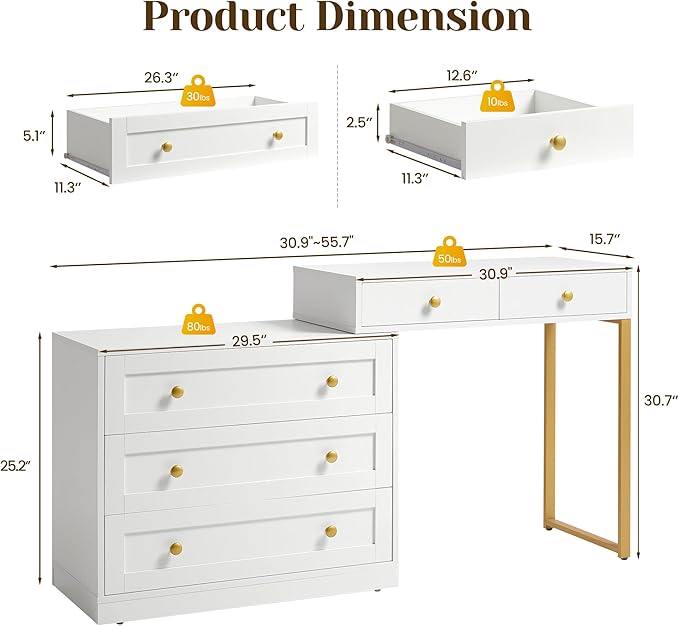 FansaFurn 5-Drawer L-Shaped Vanity Table, Extendable Makeup Vanity Desk with Storage, Modern Dressing Table for Bedroom, Dressing Room, White